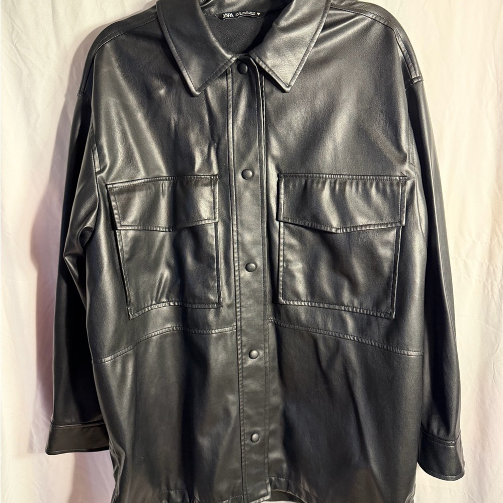 Zara Black Faux Leather Shirt Jacket